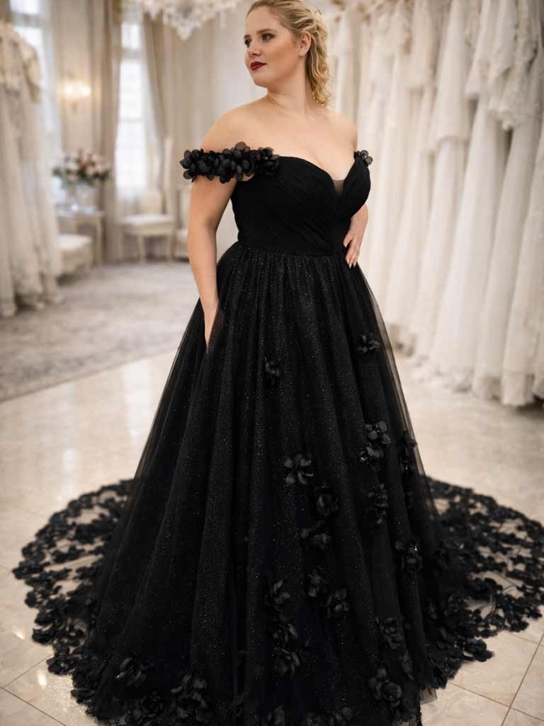 Elegantes schulterfreies (Off-Shoulder) schwarzes Brautkleid mit floralen Stickereien, exklusiv in der Schweiz.