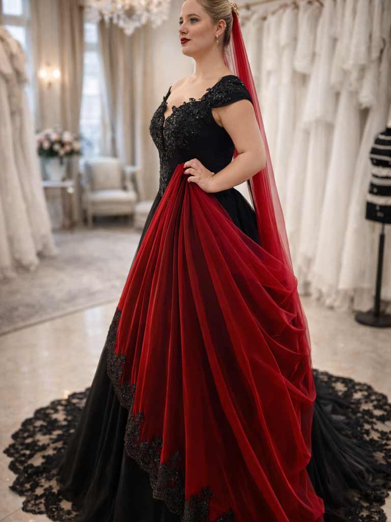 Dramatisches schwarzes Brautkleid mit rotem Rock und passendem rotem Schleier für Bräute in der Schweiz.