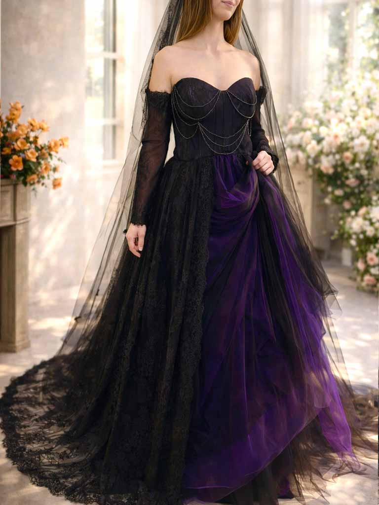 Mystisches schwarz-lila Brautkleid aus Tüll mit Off-Shoulder-Ärmeln, exklusiv erhältlich in der Schweiz.