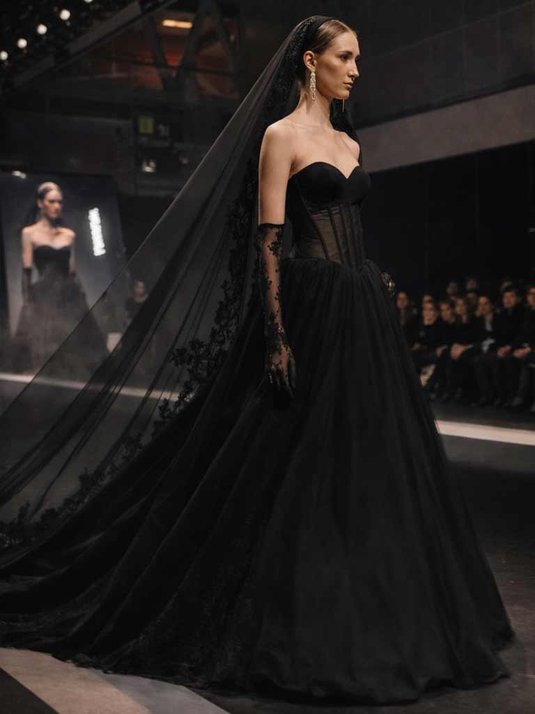 Trägerloses schwarzes Brautkleid aus Tüll mit voluminösem Rock, exklusiv in der Schweiz erhältlich.
