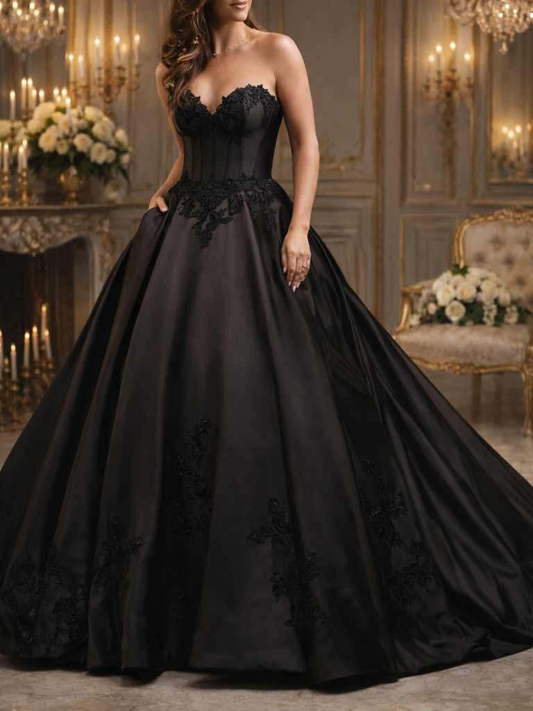 Schwarzes Couture-Brautkleid mit eleganter Satin-Korsage und weitem Rock, exklusiv in der Schweiz.