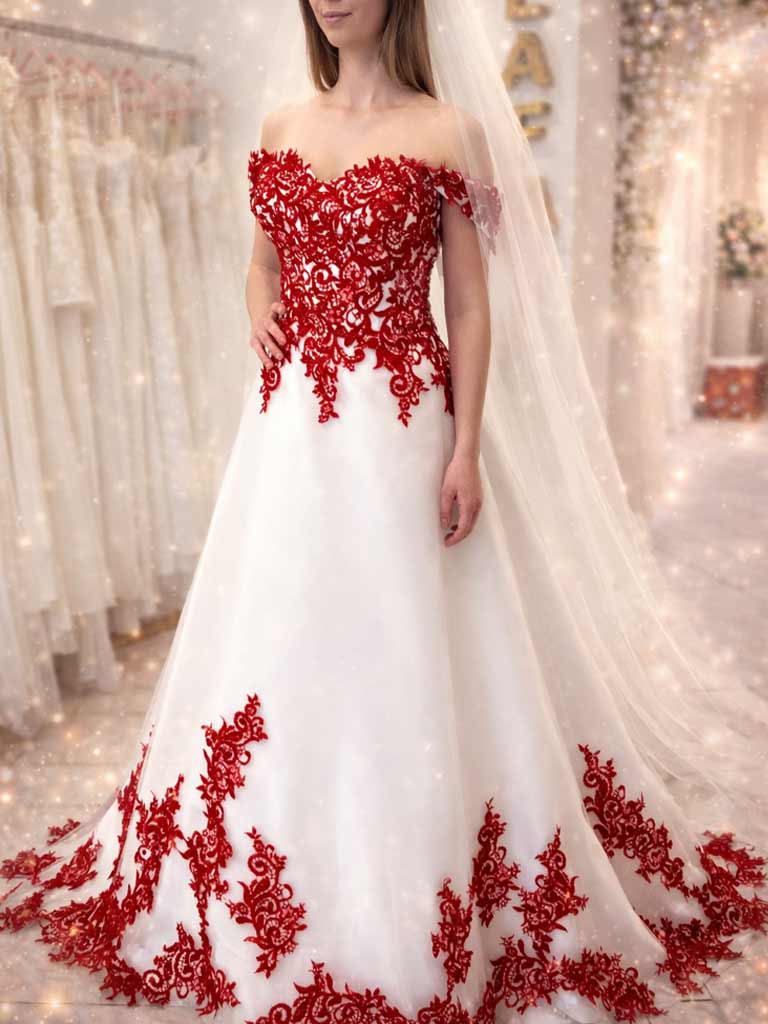 Braut in einem weiß-roten A-Linien-Brautkleid mit Carmen-Ausschnitt und roter Spitzenapplikation.